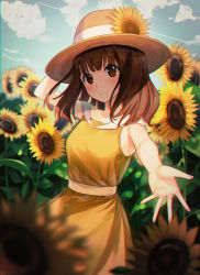 Rule 34 | 1girl, alternate eye color, alternate hair color, bare arms, blunt bangs, brown eyes, brown hair, closed mouth, cloud, contrail, day, dress, flower, girls und panzer, haires, hand on headwear, hat, hat flower, highres, leaf, looking at viewer, medium hair, outdoors, outstretched arm, sky, smile, solo, sun hat, sundress, sunflower, takebe saori, yellow dress