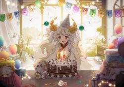 Rule 34 | 1girl, balloon, birthday cake, brothers, cake, candle, chinese clothes, confetti, detached sleeves, double scoop (food fantasy), dress, food, food-themed hair ornament, food fantasy, hat, highres, long hair, multicolored hair, official art, party hat, rice (food fantasy), rice hair ornament, siblings, smile, solo, strawberry (food fantasy), twins, twintails, vanilla (food fantasy), white hair, yellow eyes