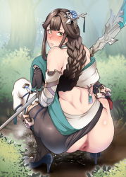 Rule 34 | ..., 1girl, anus, ass, back, bare shoulders, black footwear, blush, braid, elbow gloves, gloves, granblue fantasy, green eyes, hair ornament, heart, high heels, long hair, looking at viewer, outdoors, parted lips, pee, peeing, shura (granblue fantasy), solo, spoken ellipsis, squatting, sweatdrop, thighhighs, toritora, uncensored, very long hair, weapon, white thighhighs