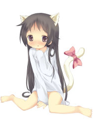 Rule 34 | 1girl, :o, animal ears, anyannko, bad id, bad pixiv id, barefoot, black hair, blush, brown eyes, cat ears, cat tail, censored, child, convenient censoring, highres, long hair, misaka hibari (anyannko), naked shirt, nose blush, open mouth, original, oversized clothes, oversized shirt, parted lips, ribbon, shirt, simple background, sitting, sleeves past wrists, solo, tail, tail ornament, tail ribbon, toes, very long hair, wariza, white background