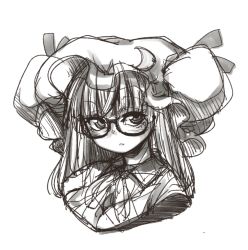 Rule 34 | 1girl, :&lt;, bespectacled, black-framed eyewear, blush, bun cover, double bun, glasses, greyscale, hat, hiro (h-net), large hat, long hair, looking at viewer, mob cap, monochrome, patchouli knowledge, sketch, solo, touhou, upper body