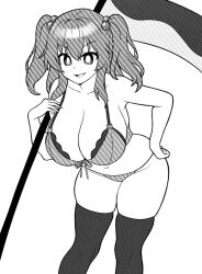 Rule 34 | 1girl, :d, bikini, breasts, bright pupils, cleavage, commentary, greyscale, hair bobbles, hair ornament, high contrast, holding, holding scythe, huge breasts, large breasts, monochrome, navel, onkn sxkn, onozuka komachi, open mouth, scythe, sidelocks, simple background, smile, solo, swimsuit, thighhighs, touhou