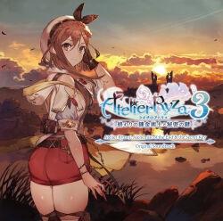 Rule 34 | 1girl, album cover, album name, ass, atelier (series), atelier ryza, atelier ryza 3, belt, beret, breasts, brown belt, brown eyes, brown hair, clothing cutout, clothing request, commentary, cover, cowboy shot, english text, floating hair, from behind, hair between eyes, hair ornament, hairclip, hairstyle request, hand up, hat, highres, hood, hood down, hoodie, large breasts, light blush, logo, long hair, looking at viewer, notebook, off-shoulder shirt, off shoulder, official art, outdoors, outstretched arm, puffy short sleeves, puffy sleeves, red shorts, reisalin stout, shiny skin, shirt, short shorts, short sleeves, shorts, shoulder cutout, solo, strap, sunset, toridamono, translated, turning around, water, white hat, wrist extended