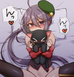 Rule 34 | 1girl, ahoge, akebono (kancolle), bed sheet, beret, black thighhighs, blush, detached sleeves, green hat, hair between eyes, hat, heart, implied sex, kantai collection, long hair, looking at viewer, official alternate costume, out-of-frame censoring, pillow, purple eyes, purple hair, side ponytail, solo, stuffed animal, stuffed cat, stuffed toy, thighhighs, tilted headwear, yuki to hana