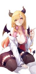 Rule 34 | 1girl, between legs, black horns, black skirt, black thighhighs, blonde hair, breast tattoo, breasts, center frills, cleavage, coat, collarbone, collared shirt, commentary request, demon girl, demon horns, demon tail, demon wings, frilled shirt, frills, garter straps, hair in own mouth, hair ribbon, hand between legs, highres, holding, holding syringe, hololive, horn ornament, horn ring, horns, lab coat, lace, lace-trimmed skirt, lace-trimmed thighhighs, lace trim, large breasts, long hair, looking at viewer, miniskirt, nyucha, off shoulder, on bed, open clothes, open coat, parted lips, pencil skirt, pink shirt, pointy ears, purple eyes, ribbon, shirt, simple background, sitting, skirt, sleeveless, sleeveless shirt, solo, swept bangs, syringe, tail, tattoo, thighhighs, tress ribbon, virtual youtuber, wariza, white background, white coat, winged heart, wings, yuzuki choco, yuzuki choco (1st costume)