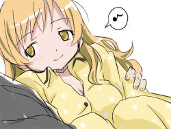 Rule 34 | 10s, 1girl, alternate hairstyle, blonde hair, breasts, carrying, cleavage, hug, long hair, mahou shoujo madoka magica, mahou shoujo madoka magica (anime), medium breasts, musical note, nishina, official style, pajamas, princess carry, quaver, smile, solo, solo focus, speech bubble, spoken musical note, tomoe mami, yellow eyes