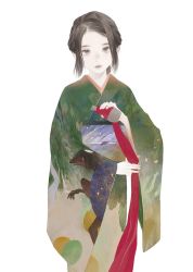 Rule 34 | 1girl, brown eyes, brown hair, commentary request, green kimono, hand up, holding, japanese clothes, kappa, kimono, long sleeves, looking at viewer, matayoshi, original, simple background, solo, standing, white background, wide sleeves