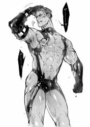 Rule 34 | 1boy, blood, bodysuit, clenched teeth, contrapposto, cowboy shot, dark-skinned male, dark skin, greyscale, hand on own head, highres, king of prism, king of prism by prettyrhythm, looking at viewer, male focus, monochrome, nipples, pretty rhythm, pretty series, revealing clothes, simple background, solo, standing, sweat, teeth, torawar, torn bodysuit, torn clothes, white background, yamato alexander