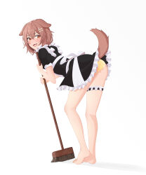 Rule 34 | 1girl, absurdres, animal ears, apron, ass, barefoot, bent over, blush, bone hair ornament, broom, brown eyes, brown hair, brown tail, clothes lift, dog ears, dog girl, dog tail, feet, frills, from behind, hair ornament, heel up, highres, hololive, inugami korone, legs, looking at viewer, looking back, maid, maid apron, mop, nail polish, panties, pinup (style), presenting, puffy sleeves, skirt, skirt lift, smile, solo, standing, tail, tail raised, thigh strap, toenail polish, toenails, toes, tumy, underwear, virtual youtuber