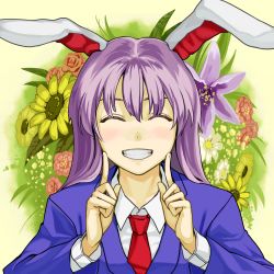 Rule 34 | 1girl, animal ears, blazer, blush, blush stickers, bouquet, closed eyes, dress shirt, finger to mouth, fingersmile, flower, grin, happy, hinoyama ena, hyounosen ena, jacket, long hair, long sleeves, looking at viewer, necktie, open mouth, purple hair, rabbit ears, red necktie, reisen udongein inaba, shirt, smile, solo, sunflower, touhou, white shirt