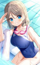 Rule 34 | 1girl, blue eyes, blue one-piece swimsuit, breasts, collarbone, commentary request, competition swimsuit, goggles, goggles around neck, grey hair, grin, highres, looking at viewer, love live!, love live! sunshine!!, medium breasts, mizukoshi (marumi), one-piece swimsuit, salute, short hair, sitting, smile, solo, swimsuit, tile floor, tiles, towel, watanabe you, wet, wet clothes, wet swimsuit, white towel