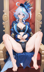 Rule 34 | 1227846210, 1girl, absurdres, ahoge, bare legs, barefoot, black bra, black panties, blue eyes, blue hair, blue headwear, blue jacket, blush, bow, bow bra, bow panties, bra, breasts, cameltoe, cleavage, collarbone, feet, full body, furina (genshin impact), genshin impact, hair between eyes, highres, jacket, knees up, legs, looking at viewer, medium breasts, no shirt, open clothes, open jacket, open mouth, panties, revision, shadow, short hair, sidelocks, sitting, solo, spread legs, thighs, toenails, toes, unbuttoned, underwear