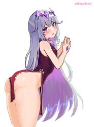 Rule 34 | 1girl, absurdres, ass, blush, china dress, chinese clothes, colored inner hair, crown, dopeybunni, dress, gem, hair flaps, highres, hip vent, hololive, hololive english, jewel under eye, koseki bijou, long hair, looking at viewer, looking back, multicolored hair, no panties, open mouth, purple eyes, purple hair, simple background, solo, twitter username, very long hair, virtual youtuber, white background