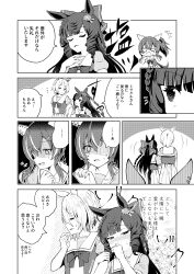 Rule 34 | ..., 3girls, ^^^, absurdres, animal ears, asymmetrical bangs, awkward, bow, bowtie, braid, clothing cutout, comic, commentary request, daiichi ruby (umamusume), daitaku helios (umamusume), drill hair, ear covers, ear flower, ear piercing, fang, floral background, flower, flying sweatdrops, greyscale, hair bow, highres, holding another&#039;s arm, horse ears, horse girl, horse tail, k.s.miracle (umamusume), lily (flower), looking away, masakano masaka, monochrome, motion lines, multicolored hair, multiple girls, netorare, notice lines, open mouth, outside border, piercing, pleated skirt, puffy short sleeves, puffy sleeves, sailor collar, sailor shirt, school uniform, shaded face, shirt, short hair, short sleeves, skirt, speech bubble, spoken ellipsis, streaked hair, summer uniform, sweatdrop, tail, tail through clothes, tracen school uniform, translation request, tsundere, umamusume, yuri