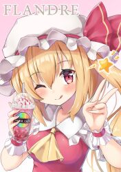Rule 34 | 1girl, :q, ascot, blonde hair, blush, breasts, character name, collarbone, collared shirt, cup, disposable cup, drinking straw, flandre scarlet, frappuccino, frilled shirt collar, frills, gradient background, hat, hat ribbon, head tilt, holding, long hair, looking at viewer, mob cap, one eye closed, one side up, onomiya, pink background, puffy short sleeves, puffy sleeves, rainbow order, red eyes, red ribbon, red vest, ribbon, ribbon-trimmed headwear, ribbon trim, shirt, short sleeves, simple background, small breasts, solo, star (sky), tongue, tongue out, touhou, upper body, v, vest, white hat, white shirt, wrist cuffs, yellow ascot