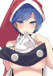Rule 34 | 1girl, amisu, antinomy of common flowers, bare shoulders, blue eyes, blue hair, blush, breasts, capelet, closed mouth, doremy sweet, finger to mouth, hand up, hat, looking at viewer, medium breasts, mouth hold, nightcap, pom pom (clothes), short hair, simple background, sleeveless, smile, solo, touhou, underboob, upper body, white background