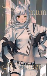 Rule 34 | 1girl, :o, absurdres, animal ear fluff, animal ears, arknights, belt, black gloves, commentary request, cowboy shot, crop top, gloves, highres, jacket, long hair, looking at viewer, midriff, navel, parted lips, partial commentary, platinum (arknights), shorts, silver hair, solo, standing, stomach, welt (kinsei koutenkyoku), white belt, white jacket, white shorts, yellow eyes