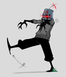 Rule 34 | artist self-insert, bucket, bucket on head, eldritch abomination, grey background, highres, mind control, object on head, original, outstretched arms, sheldon j. plankton, simple background, spongebob squarepants (series), stepped on, walking, za1f0n, zombie pose