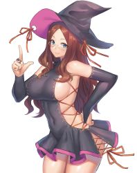 Rule 34 | 1girl, black dress, black hat, blue eyes, blush, breasts, brown hair, dress, fate/grand order, fate (series), forehead, hat, highres, large breasts, leonardo da vinci (fate), leonardo da vinci (witch of moonlit night) (fate), long hair, looking at viewer, parted bangs, ranma (kamenrideroz), sideboob, smile, solo, thighs, witch hat