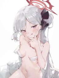 Rule 34 | 1girl, absurdres, blue archive, blush, breasts, closed mouth, collarbone, grey hair, halo, highres, i!roha, long hair, long sleeves, mutsuki (blue archive), navel, purple eyes, red halo, shirt, side ponytail, simple background, small breasts, smile, solo, tongue, tongue out, white background, white shirt