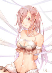 Rule 34 | 1girl, :t, arms behind back, bad id, bad pixiv id, bare shoulders, bdsm, bondage, bound, breasts, brown eyes, choker, cleavage, closed mouth, collarbone, cowboy shot, looking at viewer, navel, original, pink hair, pout, restrained, ribbon, shiny skin, simple background, sitting, skirt, solo, stomach, strapless, tareme, tube top, url (8708104), wavy mouth, white background, white ribbon, white skirt