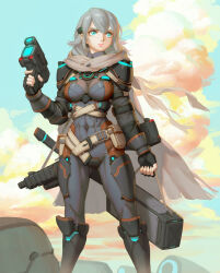 Rule 34 | 1girl, abs, armor, belt, blue eyes, boots, breasts, cloak, cloud, cloudy sky, fingerless gloves, gloves, grey hair, gun, hair ornament, hairclip, highres, holding, holding gun, holding weapon, jumpsuit, looking to the side, medium breasts, muscular, muscular female, ninten link, original, pouch, shoulder armor, sky, solo, toned, weapon