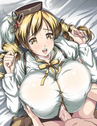 Rule 34 | 10s, blonde hair, grabbing another&#039;s breast, breasts, breath, censored, cum, cum on clothes, grabbing, happy sex, heavy breathing, huge breasts, kloah, mahou shoujo madoka magica, open mouth, paizuri, paizuri under clothes, penis, penis under another&#039;s clothes, sweat, tomoe mami, veins, yellow eyes