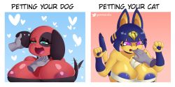 Rule 34 | 2girls, angry, animal crossing, animal ears, ankha (animal crossing), biting, blue hair, breasts, cat ears, cherry (animal crossing), cleavage, dog ears, egyptian, english text, eyelashes, furry, gammainks, green eyes, happy, headpat, heart, highres, huge breasts, meme, multiple girls, nintendo, open mouth, pawpads, purple eyes, short hair, tail, tail wagging, torogao