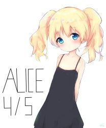 Rule 34 | 1girl, alice cartelet, arms behind back, black dress, blonde hair, blue eyes, blush, child, dress, flat chest, highres, kin-iro mosaic, looking at viewer, sazaemu, simple background, twintails, white background