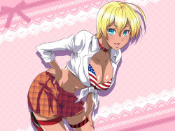 Rule 34 | 10s, 1girl, ahoge, american flag bikini, american flag print, bikini, bikini top only, bikini under clothes, blonde hair, blouse, blue eyes, breasts, cleavage, collared shirt, cowboy shot, dark-skinned female, dark skin, flag print, from side, hair between eyes, hand on own hip, hand on own thigh, huge ahoge, large breasts, looking at viewer, miniskirt, mito ikumi, open clothes, open mouth, open shirt, parted bangs, pink background, print bikini, sheath, sheathed, shirt, shokugeki no souma, short hair, simple background, skirt, sleeves rolled up, solo, standing, swimsuit, thigh strap, unmoving pattern, washizuka shou, white shirt