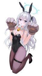 Rule 34 | 1girl, absurdres, animal ears, animal hands, black footwear, black leotard, black pantyhose, blue archive, blue halo, blush, braid, breasts, cleavage, detached collar, fake animal ears, full body, gloves, grey hair, hair between eyes, halo, high heels, highres, large breasts, leepy, leotard, long hair, looking at viewer, miyako (blue archive), one side up, open mouth, pantyhose, paw gloves, purple eyes, rabbit ears, simple background, solo, strapless, strapless leotard, thigh strap, white background
