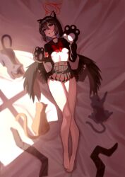 Rule 34 | 1girl, absurdres, animal ears, animal hands, bare legs, barefoot, black hair, black wings, blue archive, blush, breasts, cat, cat ears, cat paws, commentary, crop top, feathered wings, feet, full body, gloves, halo, highres, long sleeves, looking at viewer, lying, mashiro (blue archive), medium breasts, navel, on back, open mouth, paw gloves, pleated skirt, purple eyes, sailor collar, school uniform, short hair, skirt, td (tandeom97), underboob, unworn legwear, winged halo, wings