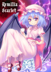 Rule 34 | 1girl, bad id, bad pixiv id, bat wings, blue hair, bow, character name, cup, fang, female focus, floating, hat, lightning, mary janes, orita enpitsu, red eyes, remilia scarlet, shoes, short hair, solo, teacup, touhou, wings