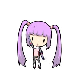 Rule 34 | 1girl, boots, chibi, female focus, full body, gloves, hair tubes, hand up, long hair, open mouth, potaaju, purple hair, simple background, solo, sophie (tales), tales of (series), tales of graces, twintails, very long hair, white background