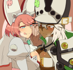Rule 34 | 1boy, 2girls, bar censor, blush, breasts, censored, closed mouth, dark skin, elphelt valentine, erection, guilty gear, guilty gear xrd, heart, heart-shaped pupils, highres, large breasts, licking lips, mantan, multiple girls, orange eyes, penis, pink hair, pointless censoring, ramlethal valentine, shiny skin, sweat, symbol-shaped pupils, testicles, tongue, tongue out, upper body, veins, white hair