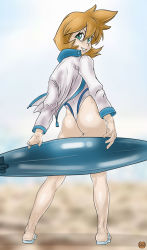 Rule 34 | 1girl, ass, competition swimsuit, cowboy shot, creatures (company), game freak, green eyes, grizzlydafurry, gym leader, jacket, legs, looking back, misty (pokemon), nintendo, one-piece swimsuit, orange hair, parted lips, pokemon, pokemon hgss, smile, solo, standing, swimsuit, thighs