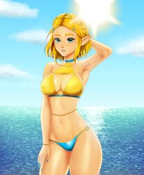 Rule 34 | 1girl, absurdres, arm behind head, arm up, armpits, bikini, blonde hair, blue bikini, blue eyes, blue nails, blue sky, blush, braid, breasts, cleavage, cloud, commentary, covered erect nipples, day, english commentary, green eyes, hair ornament, hairclip, highres, large breasts, looking at viewer, medium breasts, melkcoffee, mismatched bikini, nail polish, navel, nintendo, ocean, open mouth, outdoors, pointy ears, princess zelda, self-upload, short hair, sideboob, sidelocks, sky, solo, standing, stomach, sun, swimsuit, tan, tanline, the legend of zelda, the legend of zelda: tears of the kingdom, thighs, triforce, triforce bikini, water, yellow bikini