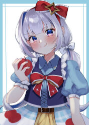 Rule 34 | 1girl, absurdres, amane kanata, apple, belt, belt buckle, buckle, food, fruit, grey hair, hair ribbon, highres, hololive, iry illust, low twintails, multicolored hair, puffy short sleeves, puffy sleeves, purple eyes, ribbon, short sleeves, snow white, streaked hair, twintails, virtual youtuber