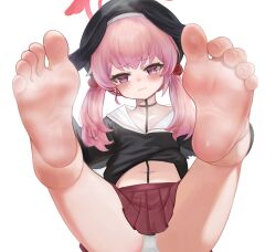 Rule 34 | 1girl, barefoot, beret, black hat, black shirt, black wings, blue archive, blush, dokomon, feet, foot focus, halo, hat, head wings, highres, koharu (blue archive), long hair, long sleeves, looking at viewer, navel, open mouth, panties, pink eyes, pink hair, pleated skirt, red halo, red skirt, sailor collar, sailor shirt, shirt, simple background, skirt, soles, solo, toes, twintails, underwear, white background, white panties, white sailor collar, wings