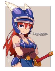 Rule 34 | 1girl, armlet, armor, bad id, bad pixiv id, bare shoulders, black eyes, blue armor, blue headwear, breasts, brown gloves, cleavage, collarbone, copyright name, crossed arms, daisy (dq), dragon quest, dragon quest yuusha abel densetsu, eyes visible through hair, fake horns, gloves, hair between eyes, helmet, horned helmet, horns, mawaru (mawaru), medium breasts, one eye closed, red hair, smile, solo, straight hair, sword, v-shaped eyebrows, weapon
