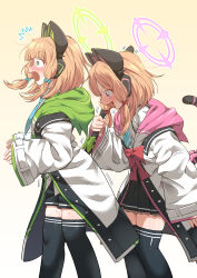 Rule 34 | 2girls, absurdres, animal ear headphones, animal ears, blonde hair, blue archive, blue bow, blue necktie, blush, bow, cat ear headphones, cat tail, chan seong, fake animal ears, fake tail, frilled skirt, frills, grabbing, halo, headphones, highres, hood, hooded jacket, jacket, midori (blue archive), momoi (blue archive), multiple girls, necktie, red bow, school uniform, shirt, shorts, siblings, sisters, skirt, sweat, tail, tail grab, thighhighs, thighs, twins, white shirt, zettai ryouiki