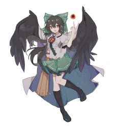 Rule 34 | 1girl, absurdres, black footwear, black hair, black socks, black wings, brown hair, chinese commentary, collared shirt, commentary request, feathered wings, green skirt, hair between eyes, highres, long hair, miniskirt, open mouth, pleated skirt, puffy short sleeves, puffy sleeves, reiuji utsuho, shirt, shoes, short sleeves, simple background, skirt, smile, socks, solo, touhou, white background, white shirt, wings, zhuanjia710