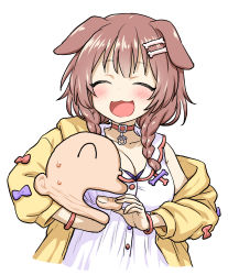 Rule 34 | 1boy, 1girl, :3, :d, ^ ^, animal collar, animal ears, blush, bone hair ornament, bow, braid, breasts, brown hair, choke hold, cleavage, closed eyes, collar, dog ears, dress, facing viewer, false smile, feeding, force-feeding, hair ornament, hair over shoulder, highres, hololive, inugami korone, inugami korone (1st costume), itou yuuji, jacket, large breasts, listener (inugami korone), long hair, nervous sweating, off shoulder, open clothes, open jacket, open mouth, purple bow, red bow, simple background, smile, strangling, sweat, virtual youtuber, white background, white dress, yellow jacket
