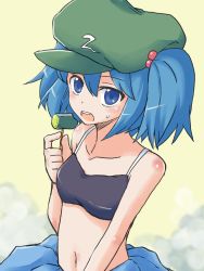 Rule 34 | 1girl, blue eyes, blue hair, blush, collarbone, cucumber, female focus, hair bobbles, hair ornament, hat, jack (wkm74959), kawashiro nitori, matching hair/eyes, navel, open mouth, solo, sweatdrop, touhou, twintails, two side up