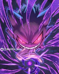 Rule 34 | commentary, creatures (company), english commentary, game freak, gen 1 pokemon, gengar, highres, looking at viewer, nintendo, no humans, pokemon, pokemon (creature), purple eyes, shadow ball (pokemon), simple background, teeth, tongue, tongue out, uchiha jake