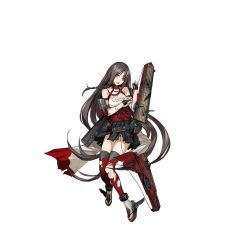 Rule 34 | 1girl, arrow (projectile), black gloves, black skirt, blush, bow, braid, breasts, broken, brown hair, cleavage, damaged, detached sleeves, fingerless gloves, flight deck, full body, gloves, grey eyes, hair over shoulder, infukun, legs together, long hair, looking at viewer, machinery, official art, open mouth, parted bangs, pleated skirt, quiver, red thighhighs, remodel (warship girls r), sandals, shoukaku (warship girls r), skirt, solo, thighhighs, torn clothes, torn thighhighs, transparent background, very long hair, warship girls r, zettai ryouiki