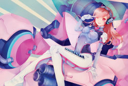 Rule 34 | 1girl, acronym, animal print, bad id, bad pixiv id, blue bodysuit, bodysuit, breasts, brown eyes, brown hair, clothes writing, commentary, d.va (overwatch), facepaint, facial mark, gloves, headphones, high collar, impossible bodysuit, impossible clothes, long hair, looking at viewer, mecha, medium breasts, meka (overwatch), miooo, one eye closed, open mouth, overwatch, overwatch 1, pilot suit, rabbit print, ribbed bodysuit, robot, shoulder pads, sitting, skin tight, smile, solo, swept bangs, whisker markings, white gloves