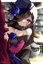 Rule 34 | 1girl, aloe (kenkou3733), animal ears, bare shoulders, black hat, blue flower, blue rose, blurry, blurry background, blush, brown hair, collarbone, commentary request, cowboy shot, curtains, depth of field, dress, flower, fur collar, grin, hair over one eye, hat, hat flower, hat ornament, highres, horse ears, long hair, long sleeves, looking at viewer, off-shoulder dress, off shoulder, parted lips, purple dress, purple eyes, rice shower (umamusume), rose, signature, smile, solo, sparkle, umamusume, very long hair