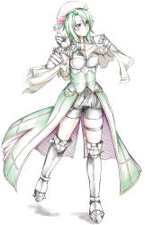 Rule 34 | 1girl, adjusting clothes, adjusting gloves, armored boots, ayase tamaki, bike shorts, bike shorts under skirt, boots, expressionless, female focus, flower knight girl, full body, gloves, green hair, grey eyes, grey skirt, hat, highres, looking away, saboten (flower knight girl), short hair, shorts, shorts under skirt, shoulder pads, skirt, solo, spikes, standing, thigh boots, thighhighs, thighhighs under boots, white background, white hat