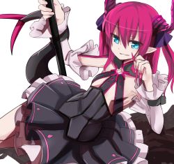Rule 34 | 10s, 1girl, black dress, blue eyes, claws, demon girl, detached sleeves, diamond (shape), dress, elizabeth bathory (fate), elizabeth bathory (fate/extra ccc), elizabeth bathory (first ascension) (fate), fate/extra, fate/extra ccc, fate (series), fingernails, flat chest, frills, gothic lolita, grin, hair between eyes, hair ribbon, highres, holding, horns, lolita fashion, long fingernails, long hair, long sleeves, looking at viewer, lying, nail polish, no bra, on side, petticoat, pink hair, pleated dress, pointy ears, pointy footwear, polearm, puffy long sleeves, puffy sleeves, purple hair, ribbon, ribs, shadow, shoes, short dress, simple background, smile, solo, spear, striped, tail, turtleneck, two side up, vertical stripes, weapon, white background, wrist cuffs, yoshizawa tsubaki